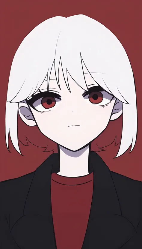 score_9, score_8_up, score_7_up,  source_anime, masterpiece, 1girl, hrt111, white hair, colored inner hair, red shirt, black coat, simple background, looking at viewer, red background, upper body, <lora:Heart111PONY:1>,