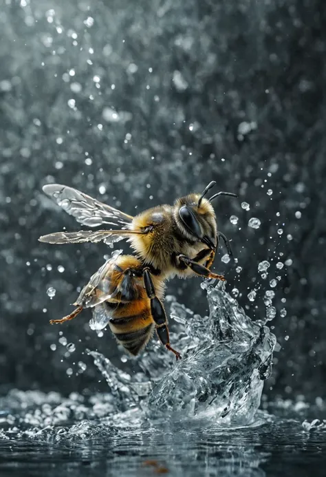 Frozen Time Dynamism: A Flying Bee Stuck in Time, frozen in slow motion, with a dynamic background of splashing water, in a dark, highly detailed with rich textures, featuring vibrant, Contrasting colors