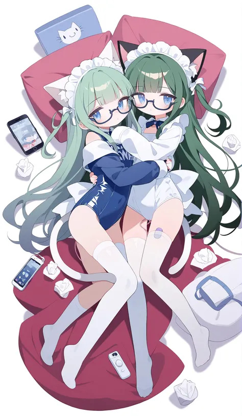 1girl,used tissue,solo,tissue box,glasses,bangs,long hair,animal ears,cat ears,pillow,bandaid,thighhighs,object hug,tail,simple background,cat tail,blue eyes,plaid,vibrator,long sleeves,looking at viewer,phone,cat girl,sex toy,single thighhigh,white thighh...