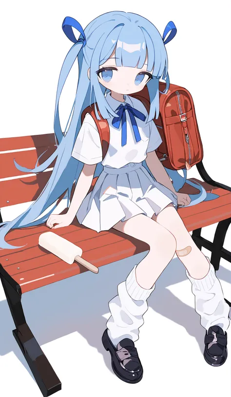 1girl,solo,long hair,bag,food,holding,blue hair,bandaid on leg,sitting,black footwear,bangs,shoes,blue eyes,bandaid,short sleeves,socks,looking at viewer,ribbon,popsicle,white background,neck ribbon,full body,loose socks,skirt,bench,pleated skirt,bandaid o...