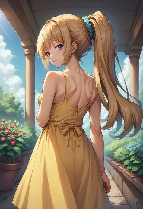 score_9, score_8_up, source_anime, 1girl, solo, KeiKaruizawa, ponytail, hair scrunchie, from behind, yellow sundress, garden, day, sunshine, smile, looking back, <lora:ChamKeiKaruizawaPonyXL:1>