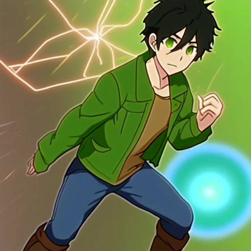 anime screenshot, anagakuro, he is a teen boy, green eyes, black hair, wearing a green jacket, brown shirt, blue jeans, brown boots, creating a green sphere energy on his hand