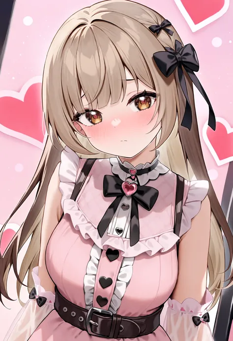 <lora:Animagine_Style5118164398-000210:1>, 1girl, solo, brown eyes, brown hair, ribbon, hair ribbon, blush, black ribbon, collar, closed mouth, black bow, heart print, frills, looking at viewer, black bowtie, medium hair, medium breasts, head tilt, pink sh...