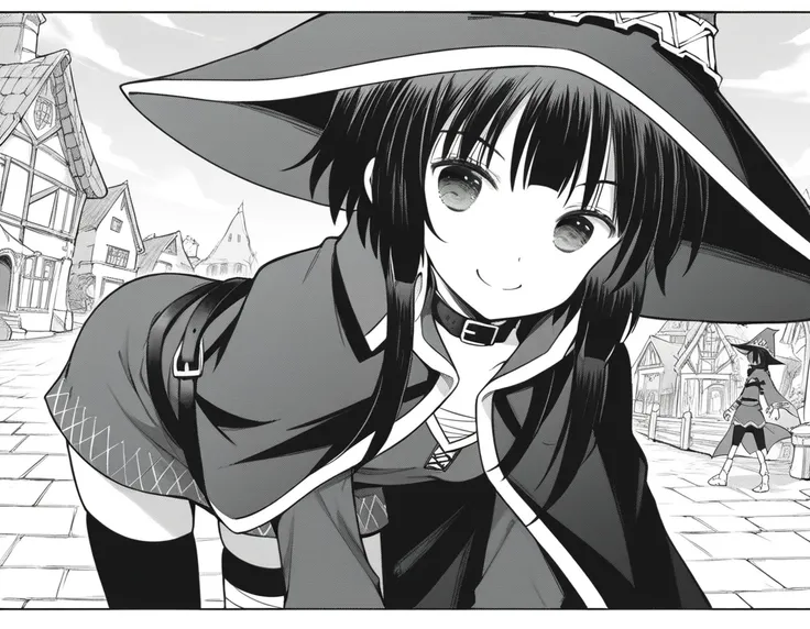 score_9, score_8_up, score_7_up, source_anime,
konosubamegumin, <lora:konosuba-megumin-manga-ponyxl-lora-nochekaiser:1>,
megumin, short hair, black hair, short hair with long locks, monochrome, greyscale,
thighhighs, gloves, hat, dress, black gloves, belt,...