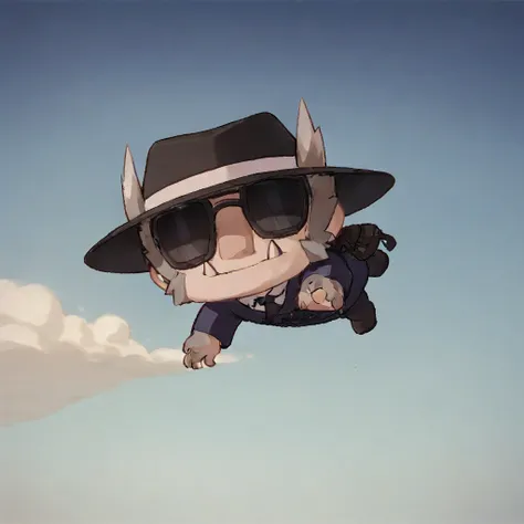 score_9, score_8_up, score_7_up, BREAK, hanu, sunglasses, hat, fangs, chibi, falling, in the sky, clouds, sky, dropped,