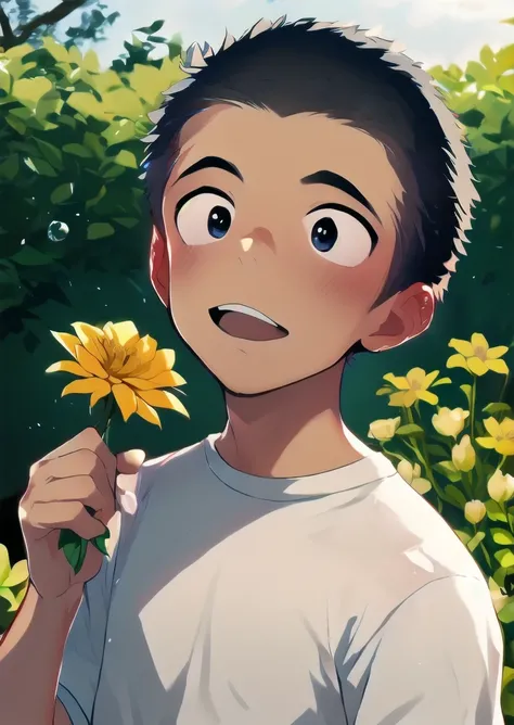 anime artwork, master piece, best quality, BREAK 1boy, solo,
gentarou, outdoor, (holding flower:1.3)  In the garden, white shirt, clean, ((male short hair)),((boys short hair)), ((very short hair)), black hair, black eyes, 
 <lora:gentarouSD1.5:1>