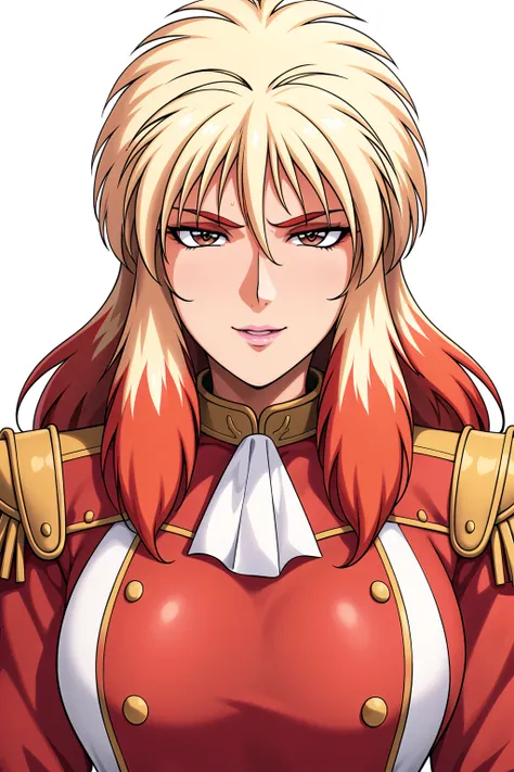 Simple White Background,
dynamic pose,standing at attention,
red military uniform, long sleeves, red jacket,
<lora:Soris_Armonia_GUnit-KK77-V1:0.7>,
brown eyes, blonde hair and red hair,bangs,Long hair,two-tone hair, 
<lora:more_details:0.1>,<lora:Oda_Non_...