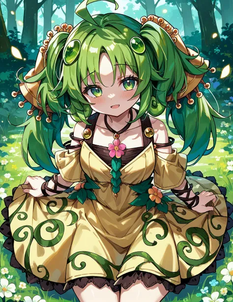 score_9,score_8_up,score_7_up,score_6_up,score_5_up,score_4_up,close-up,
1girl,solo,<lora:traptrixsera_pony:1>,traptrix sera,green hair,twintails,green eyes,dress,yellow dress,
ahoge,hair ornament,looking at viewer,forest,grass,blush,flower,