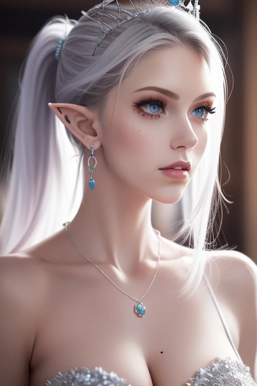 1girl,solo,long hair,blue eyes,dress,bare shoulders,jewelry,closed mouth,collarbone,ponytail,white hair,earrings,pointy ears,indoors,necklace,mole,blurry,lips,eyelashes,mole under eye,makeup,depth of field,blurry background,looking away,tiara,crown,realist...