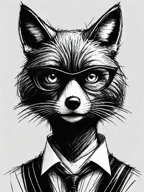 fox face, business dress, large eyes, thin lines