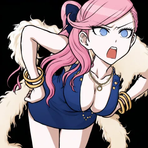 Yoruko Kabuya, danganronpa, pink hair, sidetail, hair ribbon, dark blue ribbon, bangs, blue eyes, dress, blue dress, cleavage, jewelry, necklace, scarf, fur scarf, white scarf, gold bracelets, hoop bracelets, angry, open mouth, leaning forward, hands on hi...