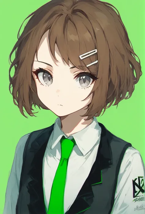 (score_9, score_8_up:1.1), score_7_up, <lora:Shrenne_Limbus:1>, ShrenneLimbus, 1girl, solo, looking at viewer, short hair, bangs, brown hair, shirt, hair ornament, brown eyes, closed mouth, jacket, white shirt, upper body, necktie, hairclip, collared shirt...