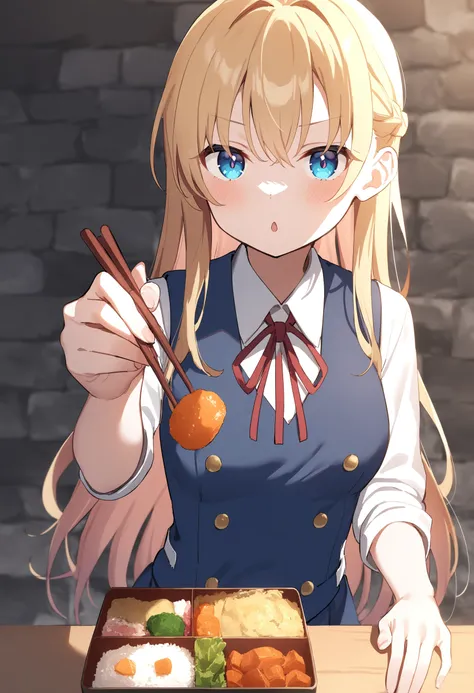 1girl,sincos, ningen mame, toosaka asagi,solo,medium breasts,school uniform,
feeding, food, open mouth, incoming food, looking at viewer, holding chopsticks, bento, <lora:feeding_XL_v1:0.9>
dutch angle, upper body, blonde hair, white eyes,expressionless, d...