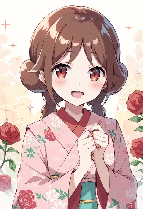 score_9, score_8_up, score_7_up, source_anime BREAK
tachibana yuzuki, 1girl, japanese clothes, kimono, solo, brown hair, smile, open mouth, pink kimono, floral print, looking at viewer, blush, red eyes, :d, sash, brown eyes, long hair, obi, sparkle, upper ...