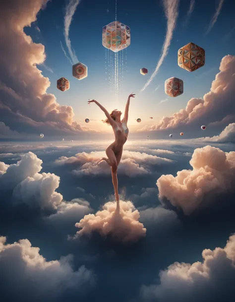 Masterpiece score_9, score_8_up, score_7_up, psychedelicv2lora, woman dancing on a cloud in the sky . Exquisite detail, flawless composition, high-resolution, stunning quality