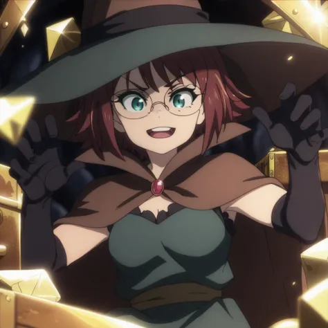 score_9,  score_8_up, score_7_up, <lora:wizard-gs-ponyxl-000014:1> gswz, glasses, witch hat, cape, dress, green dress, elbow gloves
1girl, open mouth, smug, treasure chest