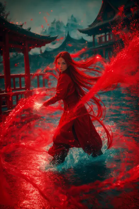 dancing,fighting stance,red-water-aura,using red-water-magic,red-water-magic,1girl,solo,long hair,blue eyes,common face,full body,<lora:magic_fighting_red_512_15:0.8>,