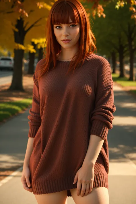 <lora:mondongo_LoRA_AlexaNova:0.9> mndngwmn, bangs, redhead, (ultra realistic, 8k,high quality), natural lighting,, wearing a knitted dress