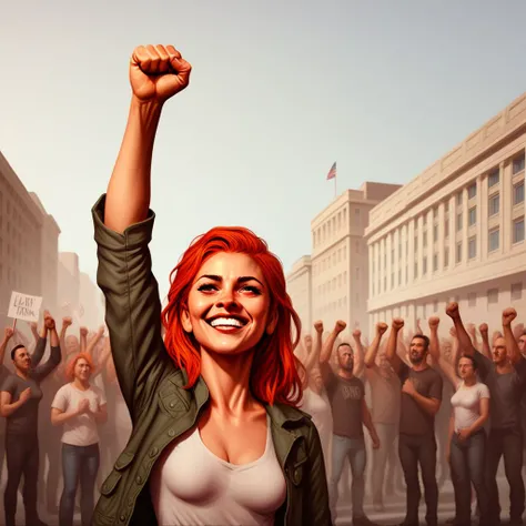 carlaf, smiling, at a protest, raising her fist high