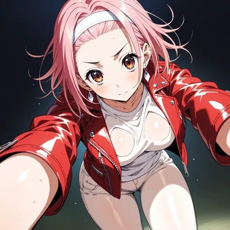 (masterpiece), best quality, expressive eyes, perfect face, headband White, Katase, 1girl, Pink hair, Short hair, Medium boobs, Brown eyes, (white short t-shirt, leather jacket), ((white jeans, red boots)), jewelry, earrings, ((Front pov:1.3)), ((facing vi...