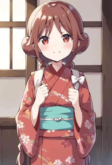 score_9, score_8_up, score_7_up, source_anime BREAK
tachibana yuzuki, 1girl, japanese clothes, kimono, solo, smile, brown hair, twin braids, sash, obi, looking at viewer, red eyes, floral print, closed mouth, pink kimono, cowboy shot, standing, yukata, bro...