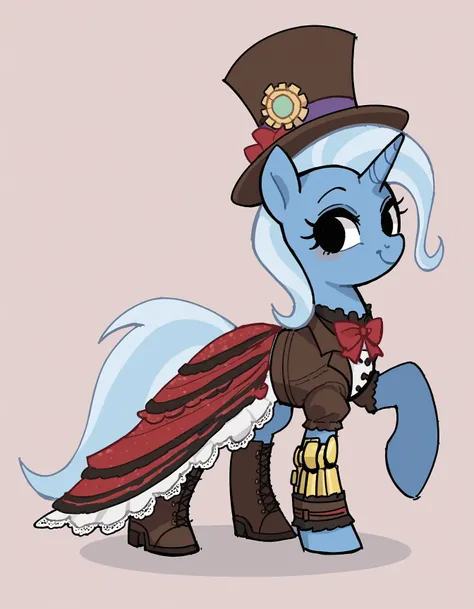 zPDXL, score_9, score_8_up, score_7_up, source_anime, flat color, 
1girl, solo, <lora:StickySweet_v3:1> stkyswt, sketch, black eyes, mlp, pony , trixie (mlp), wearing a steampunk attire, Lace-up bustier with gear adornments, layered lace skirt, top hat wit...