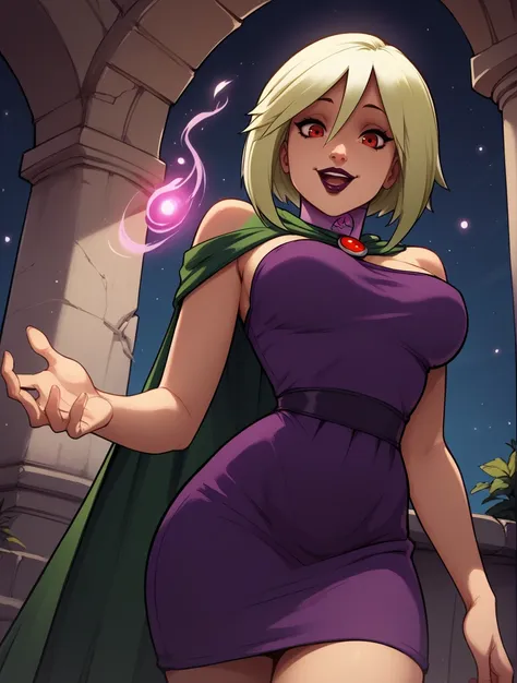 score_9, score_8_up, score_7_up,score_6_up, score_5_up, score_4_up , 1girl, solo,
large breasts, 
Vilga, 
blonde hair, short hair, red eyes, lipstick, bangs,
 purple dress, bare shoulders, thighighs, green cape,
ruins, night, pillar, light particles,
from ...