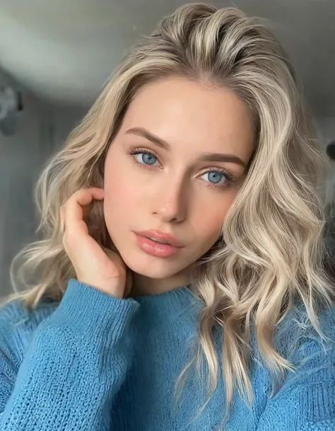 hyper realistic,,aqheodd, realistic style, a woman with a blue sweater is posing for a picture, 1girl, solo, long hair, looking at viewer, blue eyes, blonde hair, long sleeves, parted lips, teeth, sweater, lips, portrait, realistic