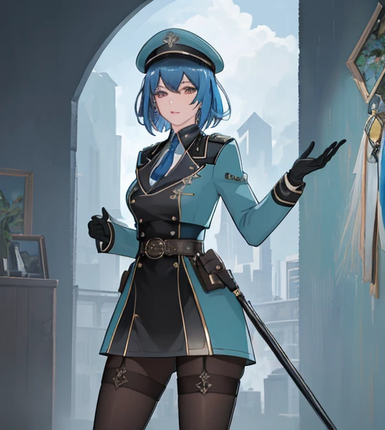 masterpiece, best quality, perfect image, best image, wallpaper, HD, UHD, best lighting, amazing, guard, blue hair, painter hat, green military uniform, gloves, pantyhose, holsters, black undershirt, short hair, detailed face