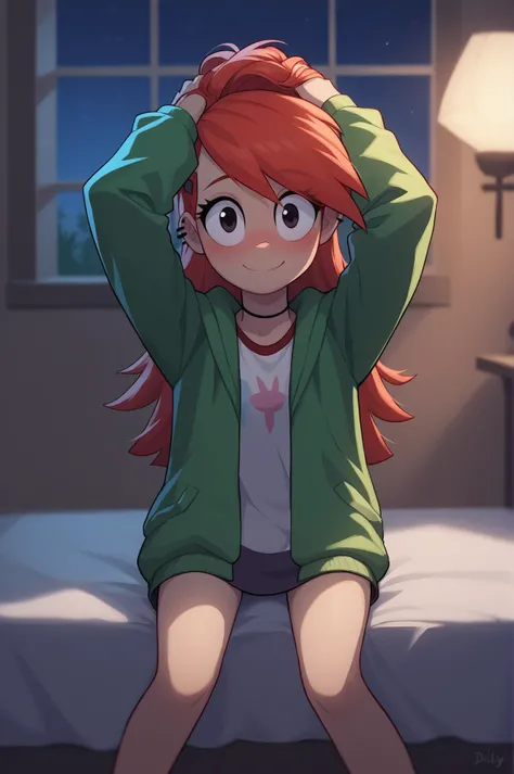 score_9,score_8_up,score_7_up, FrankieFoster, solo, long hair, open hair, full body,(hands in hair, tying up her hair), sitting on end of bed, looking at viewer, shy smile, depth of field, blushing, beautiful, green jacket, green hoodie, head tilt, night, ...