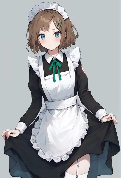 (score_9, score_8_up:1.1), score_7_up, masterpiece, <lora:Shrenne_Limbus:1>, ShrenneLimbus, 1girl, solo, looking at viewer, blush, short hair, bangs, blue eyes, simple background, brown hair, hair ornament, thighhighs, long sleeves, dress, ribbon, closed m...