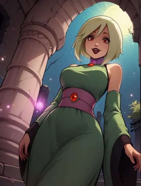 score_9, score_8_up, score_7_up,score_6_up, score_5_up, score_4_up , 1girl, solo,
large breasts, 
Vilga, 
blonde hair, short hair, red eyes, lipstick, bangs,
green dress, sleeveless, sash, shawl, detached sleeves,
ruins, night, pillar, light particles,
fro...