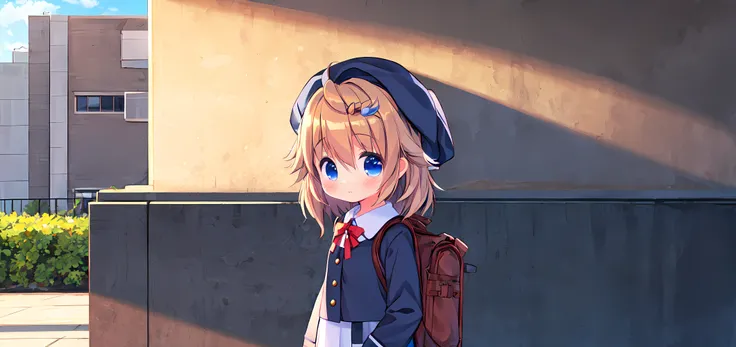 qiandaolizi,1girl,solo,kawaii,
student uniform,bag,beret,
in the outdoor,face_focus,front view,looking_at_viewer,
blush,waving,shy,embarrass,<lora:qiandaolizi_v2.0-000014:0.7>,, (masterpiece, best quality,:1.2)