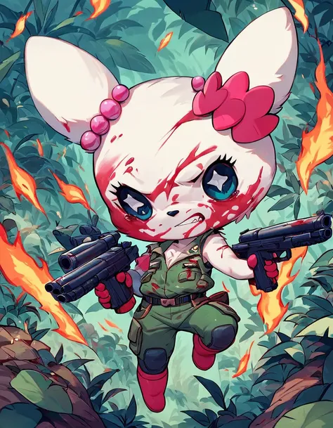 score_9, score_8_up, score_7_up, 
source_furry,
l0vel1tchi, holding machine guns, dual wielding,
paintings of war, bare chest, sanrio,
military plants, 
blood on face, blood on clothes,
action movie, movie still,
jungle background,
explosions, fire,
 <lora...