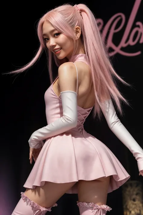 (Amateur Shot:1.3)  Tower13_Taipeng (skinny, slim, slender, narrow waist:1.3)  (a beautiful pink dress and thigh high boots:1.3) (being a pop star on stage:1.4) ((Photo Focus, DOF, Aperture, insanely detailed and intricate, character, hypermaximalist, hype...