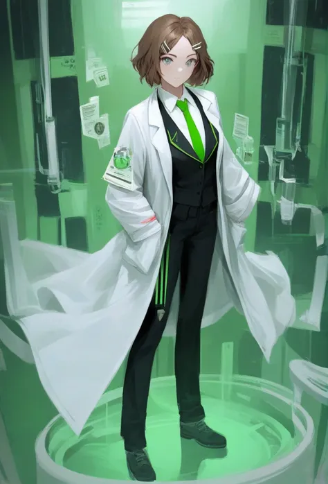 (score_9, score_8_up:1.1), score_7_up, masterpiece, realistic, <lora:Shrenne_Limbus:1>, ShrenneLimbus, 1girl, solo, looking at viewer, short hair, brown hair, shirt, hair ornament, long sleeves, standing, full body, necktie, hairclip, pants, vest, coat, gr...