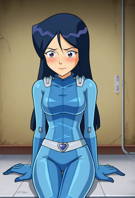 score_9, score_8_up, score_7_up, BREAK source_anime, 1girl, solo, britney (totally spies), long hair, blue hair, purple eyes, blue bodysuit, belt, embarrassed, sitting, infirmary <lora:hskc-britney-pony-v0.5:1>