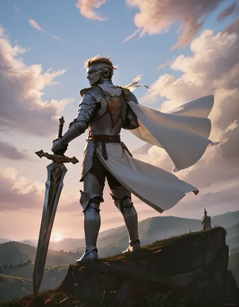 score_9, score_8_up, score_7_up, (realistic),
a male knight, armor,sitting atop a cliff, legs in the void, white medieval city below,
planted-sword,
greatsword,
cloud, sunset, wind,
view from behind, 
looking back,light smile,
fantasy background,
 <lora:pl...