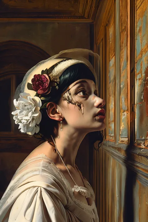 masterpiece,best quality,<lora:tbh186-:1>,illustration,style of Caravaggio decaying peonies