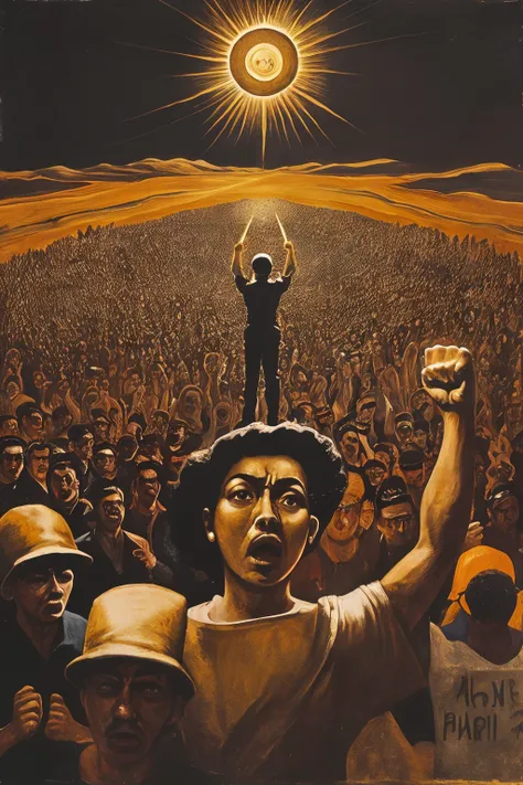 masterpiece,best quality,<lora:tbh178-:0.7>,massive demonstration under a spiral sun in a colonial city, raised fists, style of David Alfaro Siqueiros