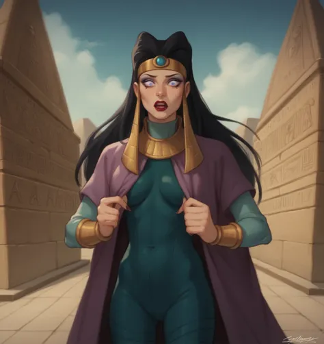 score_9, score_8_up, score_7_up, score_6_up, Detailed Background, BREAK
 <lora:Shreeka_TMNT_for_PonyXL:0.6>, shreeka, long hair, 1girl, black hair, cape, bodysuit, headband, lipstick, makeup, BREAK
Egypt, pyramid, mummy, scared, sphynx