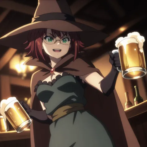 score_9,  score_8_up, score_7_up, <lora:wizard-gs-ponyxl-000014:1> gswz, glasses, witch hat, cape, dress, green dress, elbow gloves, black gloves,
1girl, open mouth, smug, tavern, beer