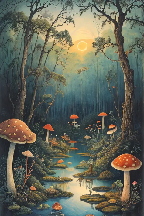 masterpiece,best quality,<lora:tbh179-:0.7>,illustration,style of David Welker,Swamp, mushroom, snail