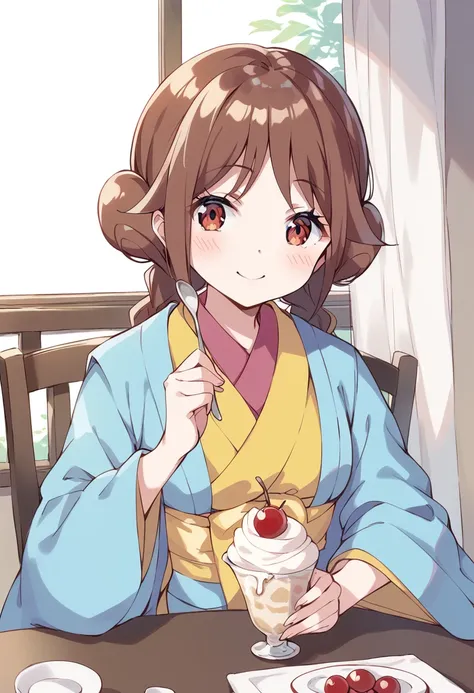 score_9, score_8_up, score_7_up, source_anime BREAK
tachibana yuzuki, 1girl, solo, brown hair, smile, brown eyes, japanese clothes, cherry, kimono, spoon, curtains, blush, table, twin braids, sitting, ice cream, indoors, long hair, closed mouth, holding sp...