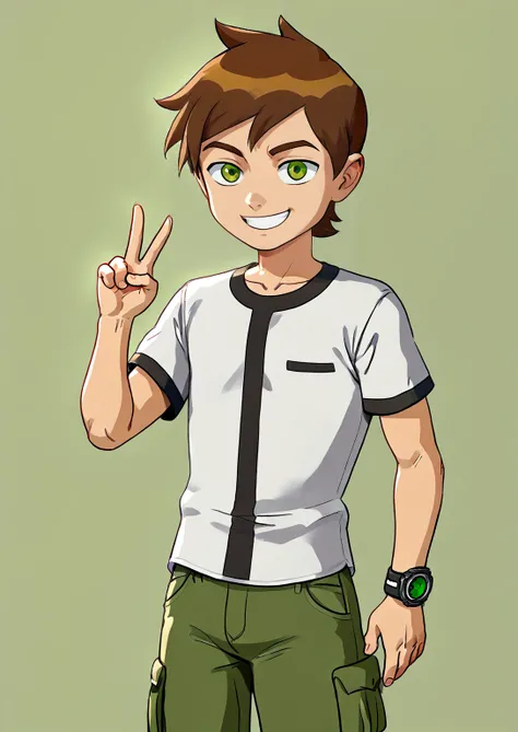 masterpiece,hi-res,ben_10 reboot,1boy,brown hair,<lora:ben:0.8> ,ben tennyson, brown hair, green eyes, short hair,solo,green eyes,ben_tennyson,simple background,wristwatch on left arm,white shirts,(black shirts:0.4),cargo pants,<lora:Lucyla_Art_Style:0.6>,...