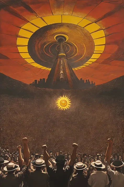 masterpiece,best quality,<lora:tbh178-:0.7>,massive demonstration under a spiral sun in a colonial city, raised fists, style of David Alfaro Siqueiros