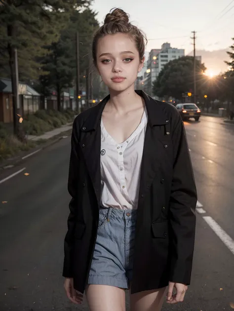 Shiloh8, (realistic), (hyperrealism), (photorealistic:1.4), best quality, masterpiece, 1girl, looking at the viewer, makeup, detailed eyes, detailed face, (upper body:1.2), black jacket, walking at the forest road, sunset, fall season, (windy:1.2)