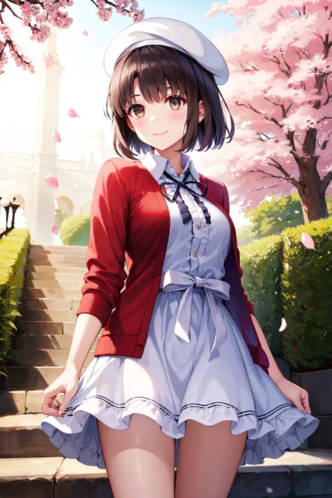 masterpiece, best quality, highres, aamegumi, short hair, beret, white headwear, neck ribbon, frills, white dress, red cardigan, open clothes, long sleeves, white bow, <lora:katou_megumi_v2:0.7>, standing, cowboy shot, outdoors, smile, petals,