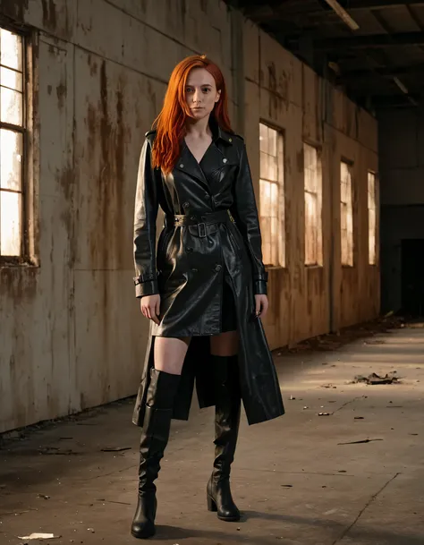 In the dimly lit, eerie expanse of an abandoned warehouse, a lone woman with fiery red hair named Piper, standing solo against its weathered walls, strikes an unapologetic pose in her leather trench coat and thigh-high boots, her long cascade of hair servi...