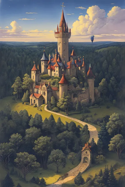 masterpiece,best quality,<lora:tbh179-:0.7>,illustration,style of David Welker,A strange castle in the forest,